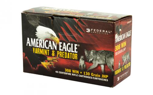 Federal American Eagle Varmint & Predator, 308 Win, 130 Grain, Jacketed Hollow Point, 40 Round Box AE308130VP