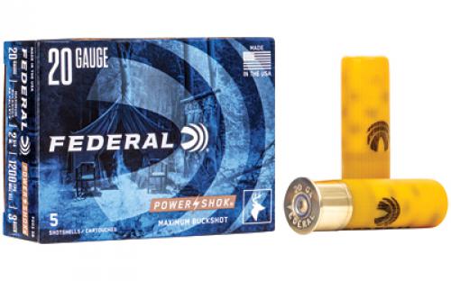 Federal PowerShok, 20 Gauge, 2.75, 3 Buck, Max Dram, Buckshot, 20 Pellets,5 Round Box F2033B