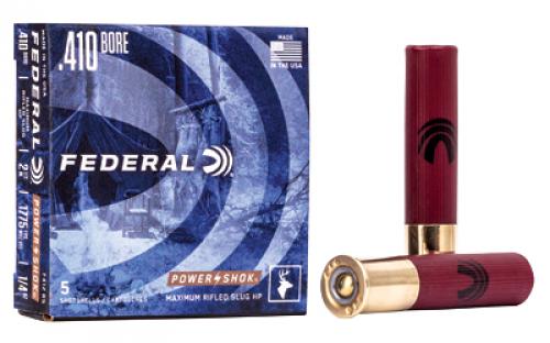 Federal PowerShok, 410 Gauge, 2.5, Max Dram, .25oz, Rifled Slug, Hollow Point,5 Round Box F412RS