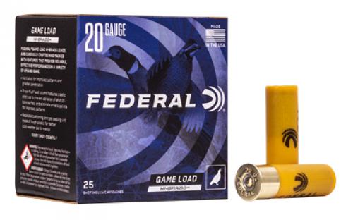 Federal Game Load, Hi-Brass, 20 Gauge, 2.75, #6, 2 3/4 Dram, 1oz, Shot, 25 Round Box H2046