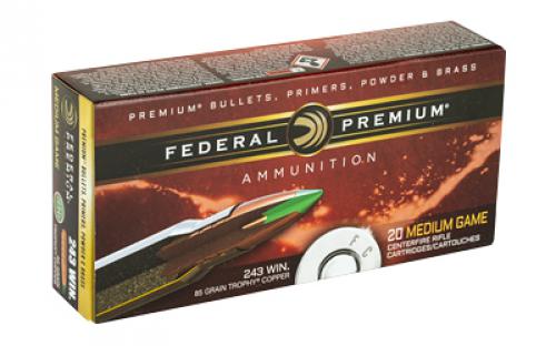 Federal Premium, 243 Win, 85 Grain, Trophy Copper, Lead Free, 20, Round Box, California Certified Nonlead Ammunition P243TC1