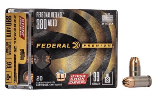 Federal Hydra-Shok Deep, 380 ACP, 99Gr, Hollow Point, 20 Round Box P380HSD1