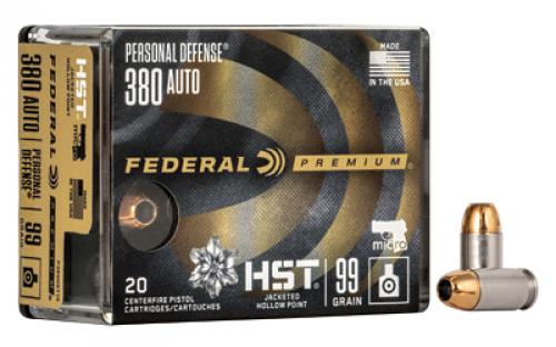 Federal Premium Personal Defense, 380 ACP, 99 Grain, HST, 20 Round Box P380HST1S