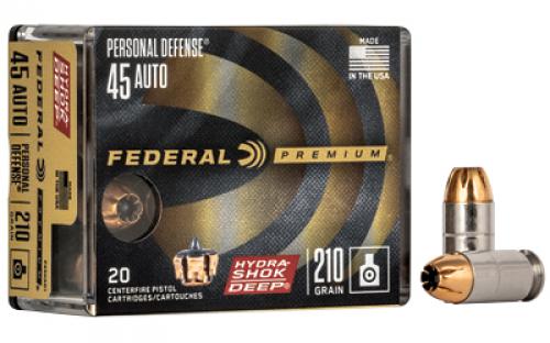 Federal Premium, Hydra-Shok Deep, 45ACP, 210 Grain, Jacketed Hollow Point, 20 Round Box P45HSD1