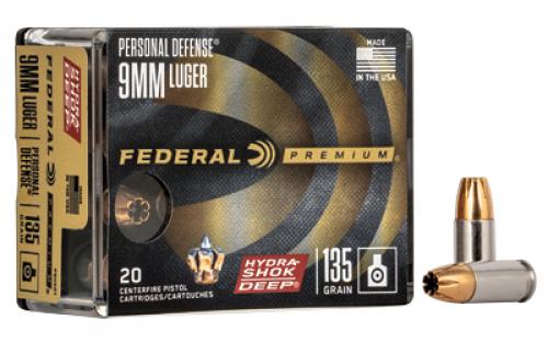 Federal Hydra-Shok Deep, 9MM, 135Gr, Hollow Point, 20 Round Box P9HSD1