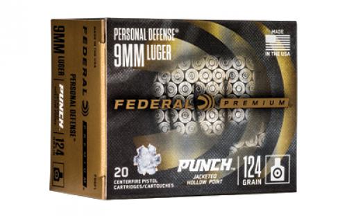 Federal Premium, Punch, 9MM, 124Gr, Jacketed Hollow Point, 20 Round Box PD9P1