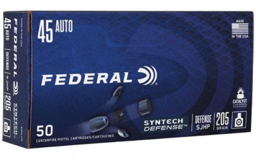 Federal Syntech Defense with Catalyst Clean Burning Primer, 45 ACP, 205 Grain, Semi Jacketed Hollow Point, 50 Round Box S45SJT2