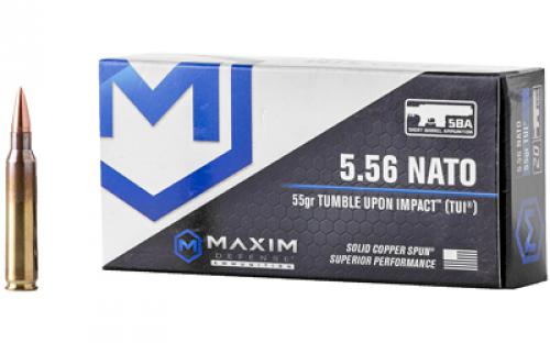 Maxim Defense Industries SBA Short Barrel Ammunition, 556NATO, 55 Grain, Solid Copper Bullet, TUI (Tumble Upon Impact) Design, 20 Round Box MXM-49000