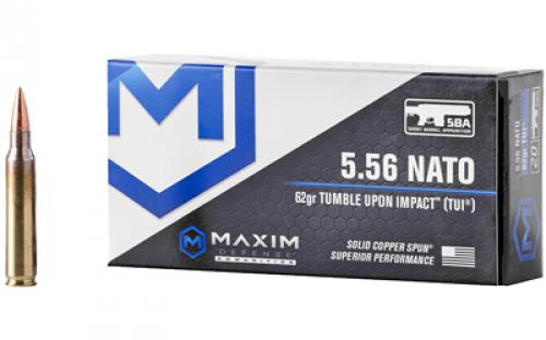 Maxim Defense Industries SBA Short Barrel Ammunition, 556NATO, 62 Grain, Solid Copper Bullet, TUI (Tumble Upon Impact) Design, 20 Round Box MXM-49001