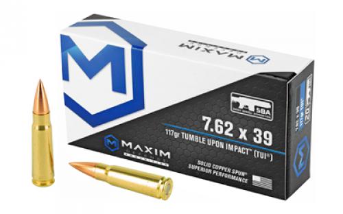 Maxim Defense Industries SBA Short Barrel Ammunition, 7.62X39, 117 Grain, Solid Copper Bullet, TUI (Tumble Upon Impact) Design, 20 Round Box MXM-49003