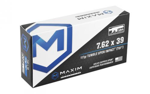 Maxim Defense Industries SBA Short Barrel Ammunition, 7.62X39, 117 Grain, Solid Copper Bullet, TUI (Tumble Upon Impact) Design, 20 Round Box MXM-49003