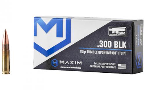 Maxim Defense Industries SBA Short Barrel Ammunition, 300 Blackout, 115 Grain, Solid Copper Bullet, TUI (Tumble Upon Impact) Design, 20 Round Box MXM-49004