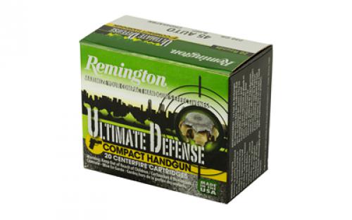 Remington Compact Ultimate Home Defense, 45 ACP, 230 Grain, Brass Jacketed Hollow Point, 20 Round Box 28967