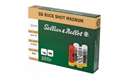 Sellier & Bellot Shotshell, 12 Gauge, 3", 00 Buck, 15 Pellets, 10 Round Box SB12BSA