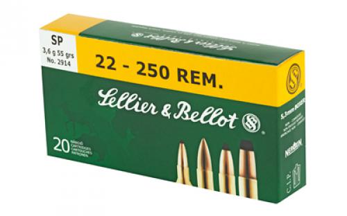 Sellier & Bellot Rifle, 22-250, 55 Grain, Soft Point, 20 Round Box SB22250B