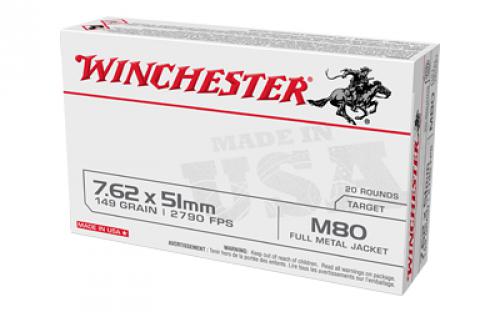 Winchester Ammunition M80, 762NATO, 149Gr, Full Metal Jacket, 20 Round Box WM80