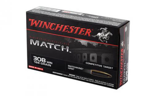 Winchester Ammunition Match, 308WIN, 168 Grain, Boat Tail Hollow Point, 20 Round Box S308M