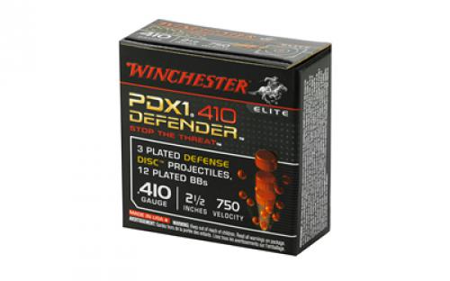 Winchester Ammunition Defender, Supreme Elite, 410 Gauge, 2.5", Buckshot, 3 Defense, Discs/12 BB Pellets, 10 Round Box S410PDX1