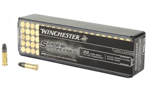 Winchester Ammunition Super Suppressed, 22LR, 45 Grain, Black Copper Plated Round Nose, 100 Round Box SUP22LR