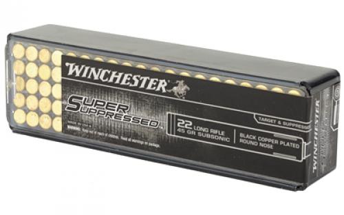 Winchester Ammunition Super Suppressed, 22LR, 45 Grain, Black Copper Plated Round Nose, 100 Round Box SUP22LR