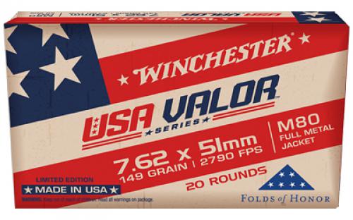 Winchester Ammunition USA VALOR, 7.62x51, 149 Grain, Full Metal Jacket Bullet, 20 Round Box USAVM80X