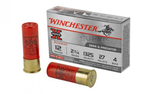 Winchester Ammunition Super-X, 12 Gauge, 2.75, 4 Buck, Buckshot, 27 Pellets,5 Round Box XB124