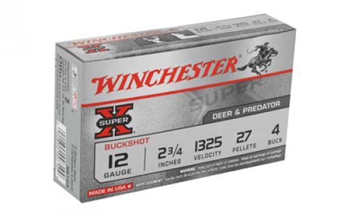 Winchester Ammunition Super-X, 12 Gauge, 2.75", 4 Buck, Buckshot, 27 Pellets,5 Round Box XB124