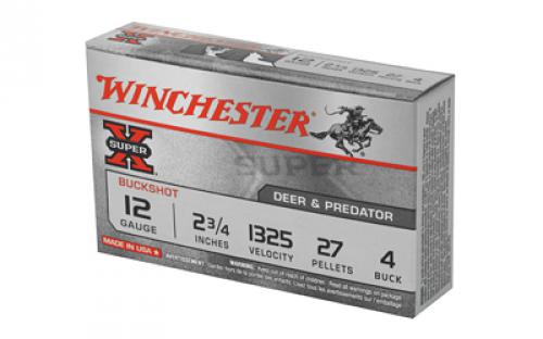 Winchester Ammunition Super-X, 12 Gauge, 2.75", 4 Buck, Buckshot, 27 Pellets,5 Round Box XB124