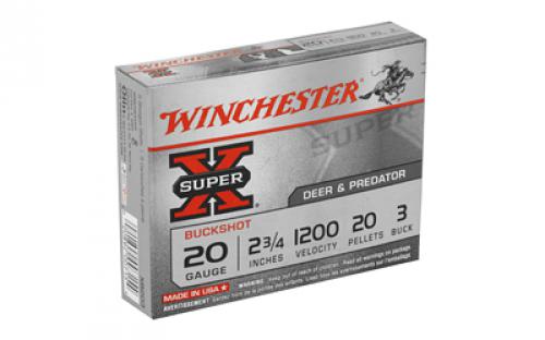 Winchester Ammunition Super-X, 20 Gauge, 2.75", 3 Buck, Buckshot, 20 Pellets,5 Round Box XB203