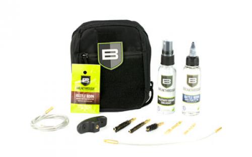 Breakthrough Clean Technologies Quick Weapon Improved Cleaning Kit, 8.5 and 34 Length Pull Through Cables, Polymer T-handle, (3) Nylon Bore Brushes (.223 cal./5.56MM, .30 cal./7.62MM, .38 cal./9MM), (2) Brass Patch Holders .22 cal. and .30 cal., Cleaning Patches, 2oz Bottle of Breakthrough Military-Grade Solvent, 2oz Bottle of Battle Born High-Purity Oil, Packet of Battle Born G