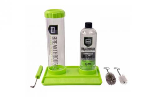 Breakthrough Clean Technologies Suppressor Cleaning Kit, Includes 16 OZ Bottle of Suppressor Cleaner, Suppressor Cleaning Submission Tube, Submission Hook, Metal and Nylon Cleaning Brushes, and Cleaning Tray BT-SCK