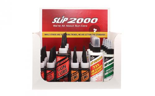 Slip 2000 36 Piece Counter Display, 12 Units #60001 1oz. Gun Lube, 4 Units #60006 4oz. Gun Lube, 12 Units #60317 1oz. EWL, 4 Units #60200 4oz. 725 Gun Cleaner/Degreaser, 4 Units #60104 4oz. Carbon Killer Bore Cleaner 60032