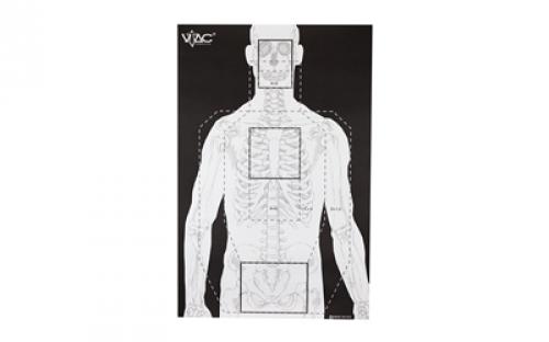 Action Target VTAC-P, Viking Tactics Double Sided Advanced Training Target, Marksmanship Side Has 4 SR-1C Bulls-Eye Target w/1 Square Sighting Grid, Silhouette Side w/Visible Skeleton, Black/White, 23x35, 100 Per Box VTAC-P-100