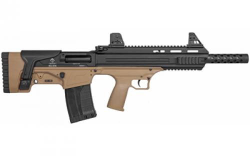 American Tactical Bulldog, Semi-automatic Shotgun, Bullpup, 12 Gauge 3 Chamber, 18.5 Barrel, Matte Finish, Flat Dark Earth and Black, Open Iron Sights, AR Style Charging Handle, 3-Piece Choke Tube Set, Adjustable Cheek Rest, Picatinny and M-LOK Rail,  5 Rounds, 1 Magazine ATIG12BDT