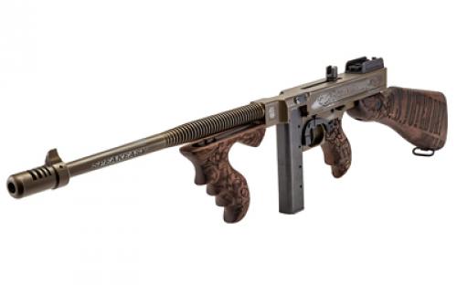 Auto Ordnance 1927A-1 Deluxe, Bootlegger Special Edition, Semi-automatic Rifle, 45 ACP, 16.5 Barrel, Cerakote Finish, Distressed Burnt Bronze, Walnut Stock, 1920s Artwork, Engraved Steel Receiver, 2 Magazines, (1)-50 Round Drum and (1)-20 Round Stick Magazine T1-14C3