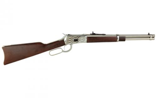 Rossi R92, Lever Action Rifle, 357 Magnum, 16" Round Barrel, Stainless Steel, Silver, Engraved US Flag on Receiver, Wood Furniture, Adjustable Sights, 8 Rounds 923571693-EN1