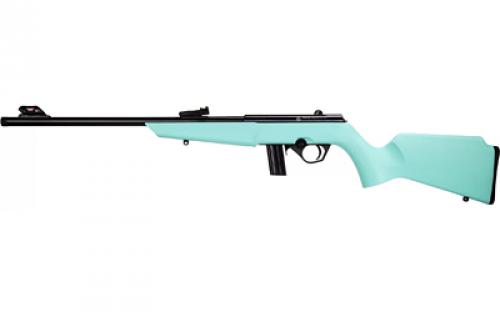 Rossi RB22, Bolt Action Rifle, 22LR, 16 Threaded Barrel, 1/2x28, Matte Finish, Black, Cyan Synthetic Stock, Compact, Adjustable Fiber Optic Sights, 10 Rounds, 1 Magazine RB22L1611C