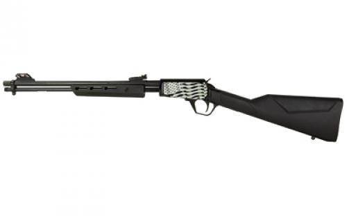 Rossi Gallery, Pump Action Rifle, 22 LR, 18 Round Barrel, Matte Finish, Black, Synthetic Stock, Adjustable Sights, Black, Laser Engraved US Flag Receiver, 15 Rounds RP22181SY-EN11