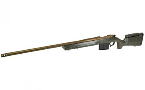 Christensen Arms Mesa Long Range, Bolt Action Rifle, 338 Lapua, 27" Barrel, Threaded Barrel, Seamless Side-Baffle Brake, Cerakote Finish, Burnt Bronze, Carbon Fiber Composite Stock, Green with Black and Tan Webbing, 4 Rounds, Internal Hinged Magazine 801-02014-00