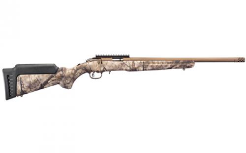 Ruger American Rimfire Standard, Bolt Action Rifle, 22 WMR, 18" Cold Hammer Forged Barrel, Threaded, 1:14 Twist, Camo Synthetic Stock, Bronze Cerakote Finish, Right Hand, 1 Mag, 9Rd, Factory Installed Scope Rail, Weighs 5.9lbs 08373