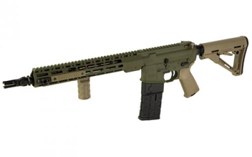 Sons of Liberty Gun Works LRF, Sage Dynamics, Semi-automatic, AR, 223 Remington/556NATO, 13.7" Pinned (16" OAL) Barrel, Mid-Length Gas System, Cerakote Finish, Olive Drab Green, Flat Dark Earth Magpul MOE Grip and Magpul CTR Stock, 13" M-LOK SOLGW M76 Rail, SOLGW NOX Keymo Muzzle Device, Flat Dark Earth RailScale RSBM-P Vertical Grip, RailScales HTP Dragon Rail Covers, Geissele G2