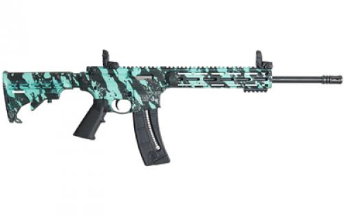 Smith & Wesson M&P15-22, Semi-automatic, AR, 22LR, 16.5", Robin's Egg Blue Platinum Camo Finish, 6 Position Collapsible Stock, Threaded, 25Rd, Flip Up Front and Rear 12066