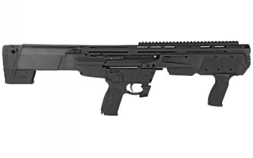 Smith & Wesson M&P12 Bullpup, Pump Action, 12 Gauge 3" Chamber, 19" Barrel, Black Finish, Polymer Stock, Holds 12 Rounds of 3" or 14 Rounds of 2.75", Threaded For Chokes, Interchangeable Palmswell Grip Inserts, 27.8" OAL, 8.3 Pounds, Carry Case, Ambi Safety Selector, Loaded Chamber Indicator, Picatinny Rail, MLOK Slots on Barrel Shroud, Includes Modified and Cylinder Chokes, Remin