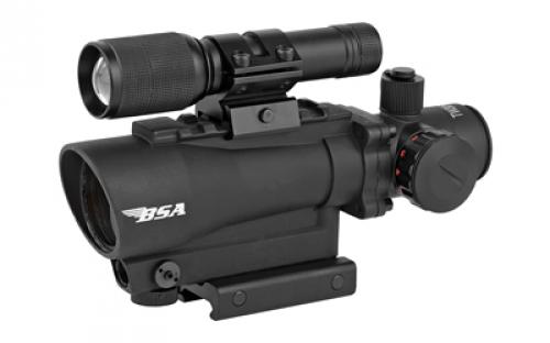 BSA Optics Tactical Weapon Rifle Scope, 1X30, Red Dot, Fully Multi Coated Optics, Fast Focus, 4 Eye Relief, Red Dot Reticle 650 nm 3R Red Laser and 140 Lumen Flashlight, Black TW30RDLL